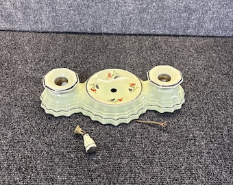 Plafonnier vintage en porcelaine, vert pâle/argent/fleurs, style Art déco