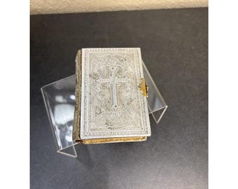 Antiguo ~1896~Libro de oraciones de celuloide "La llave del cielo" para cristianos católicos~Plata