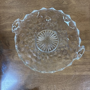 Vintage American Fostoria Double Handled Tray Cake Plate Clear Round Cubist MCM