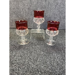 3~Vtg~Tiffin Kings Crown~Ruby Red~Flash Top Thumbprint Water Goblet