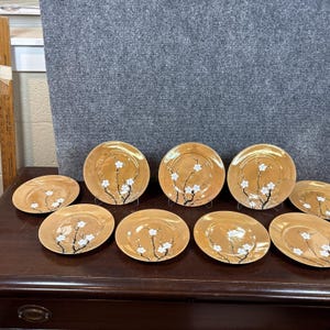 Vtg~Japan Taiko Peach Lusterware Hand-painted Cherry Blossoms Pattern~Set of  9