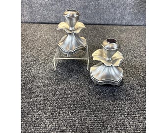 2~Vtg~Karshi Jerusalem~Metal Candle Holders~Pewter Colored~Floral Design~1955