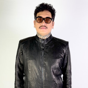 Man’s KING Snakeskin Biker Jacket, Black Python Leather Jacket For Men, Custom Snakeskin Biker Jacket, Leather Motorcycle Jacket For Man