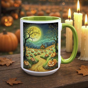 Pumpkin Patch Halloween Coffee Mug: Spooky, Haunted House, Full Moon