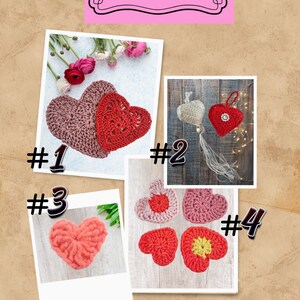May include: A collage of handmade crochet hearts in various colors and designs. The image includes a pink sign that says "Vasie Brasie Studio". The hearts are in shades of red, pink, and beige, with different textures and patterns.