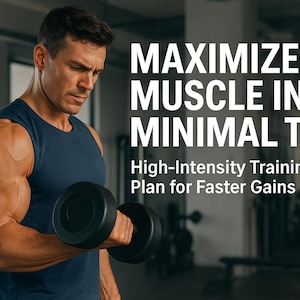 Puede incluir: Un hombre con una camiseta sin mangas azul marino levanta una mancuerna negra en un gimnasio. La imagen incluye el texto "MAXIMIZE MUSCLE IN MINIMAL TIME" y "High-Intensity Training Plan for Faster Gains."