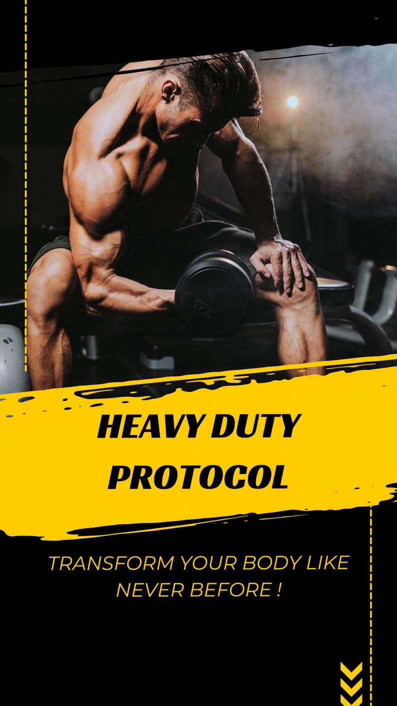 Puede incluir: Imagen de una persona musculosa levantando una mancuerna en un gimnasio. La imagen tiene un esquema de color negro y amarillo con el texto "HEAVY DUTY PROTOCOL" y "TRANSFORM YOUR BODY LIKE NEVER BEFORE!"