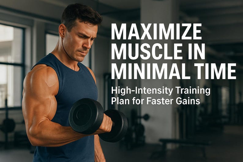 Puede incluir: Un hombre con una camiseta sin mangas azul marino levanta una mancuerna negra en un gimnasio. La imagen incluye el texto "MAXIMIZE MUSCLE IN MINIMAL TIME" y "High-Intensity Training Plan for Faster Gains."
