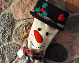 Christmas Stocking, Snowman Christmas Stocking, Upcycled Christmas Stocking,, Recycled Christmas Stocking, Log Cabin Decor