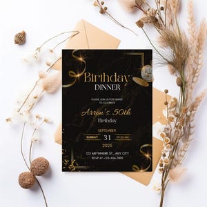 Modelo de convite digital para jantar de aniversário, convite black tie glamouroso, convite animado com diamante dourado preto para homens e mulheres, autoeditável