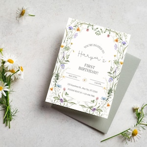Bearbeitbare Geburtstagseinladungsvorlage | Wildblumen Blumen Digital einladen | Druckbare erste Geburtstagsparty Mädchen | Boho Blüte Leinwand Vorlage