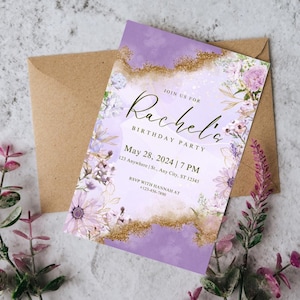 Lila Blumen Geburtstagseinladung Vorlage | Elegante bearbeitbare Einladung | Canva Vorlage | Einladung zur Party | Sofort Download