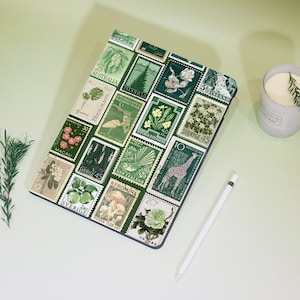 Green Stamp Collage iPad Personalized Case For iPad Air 4/5/6,iPad 10/9/8,iPad 9.7&quot; 10.2&quot; 10.9&quot; 11&quot; 12.9&#39;&#39;,iPad Mini 7/6，iPad Pro 2024 Cover