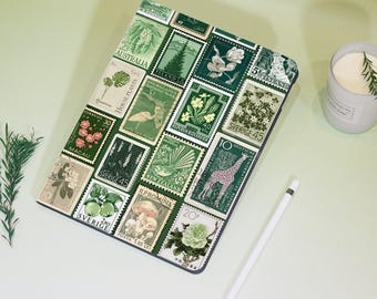 Green Stamp Collage iPad Personalized Case For iPad Air 4/5/6,iPad 10/9/8,iPad 9.7&quot; 10.2&quot; 10.9&quot; 11&quot; 12.9&#39;&#39;,iPad Mini 7/6，iPad Pro 2024 Cover