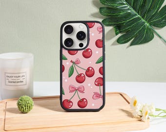 Kawaii Cherry Pattern Phone Case 2025 – Personalized Design With Your Text –Fits iPhone 16/15/14 Pro Max, 16/15/14 Pro, Plus, iPhone X/XR/XS