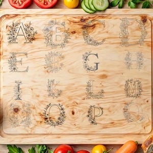 Alphabet fleur svg fichier  gravure laser , prêt à l'emploi lightburn ,Fichier de gravure laser pour planche de charcuterie,