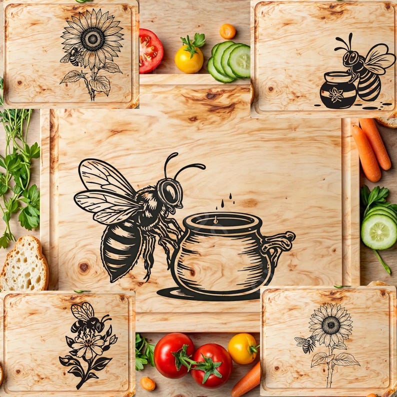 May include: Set of five wooden cutting boards with various designs featuring bees, sunflowers, and honey pots. The boards are made of natural wood and have a rustic look.