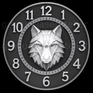 Fichier horloge tête de loup 3d , fichier gravure laser horloge avec effet de profondeur en niveau de gris , gaufrage 3D Horloge
