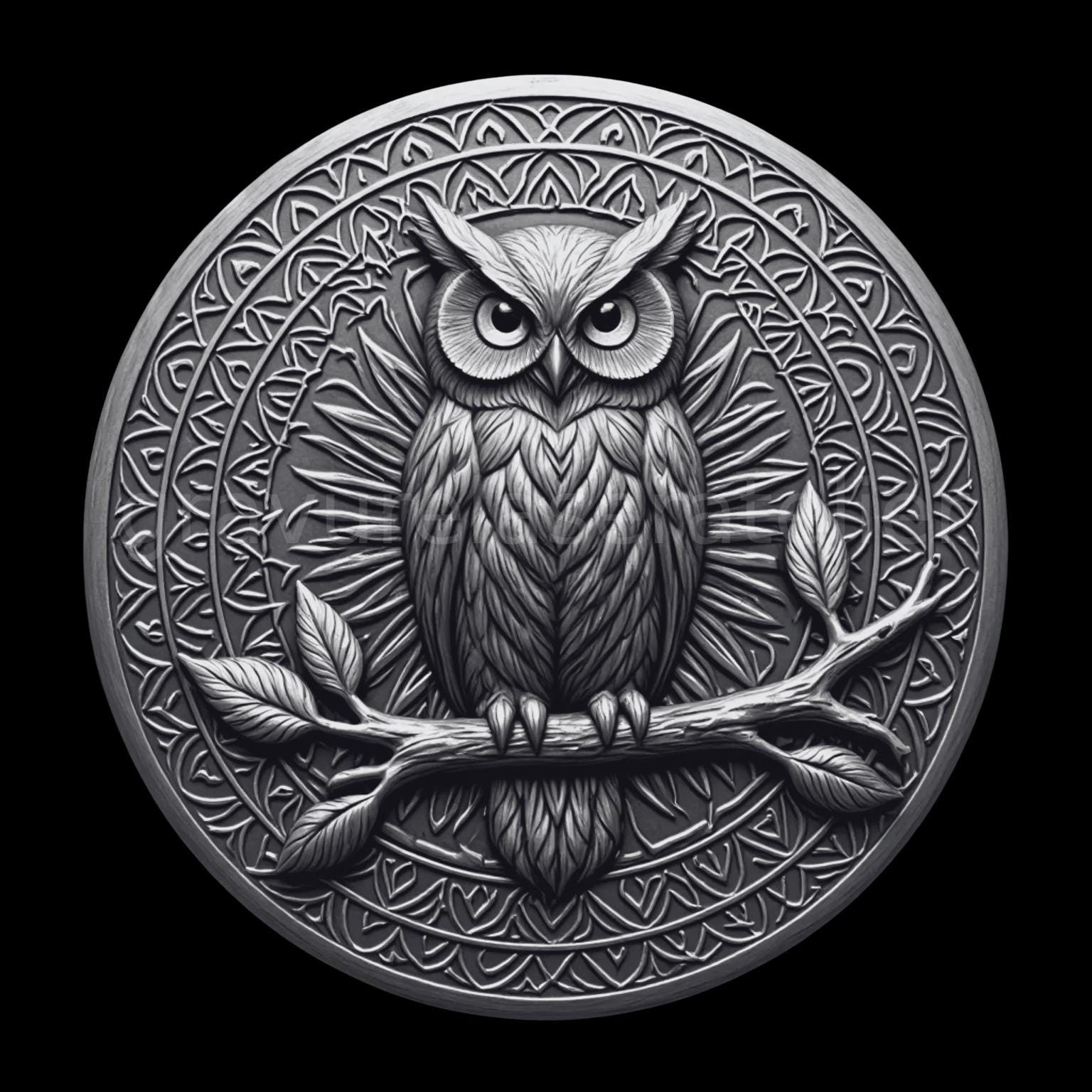 Fichier gravure laser Hibou 3D , Fichier en relief en niveau de gris, pièce en laiton