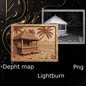 Fichier gaufrage 3D , gravure en relief , cabane sur la plage , fichier gravure 3D, niveau de gris
