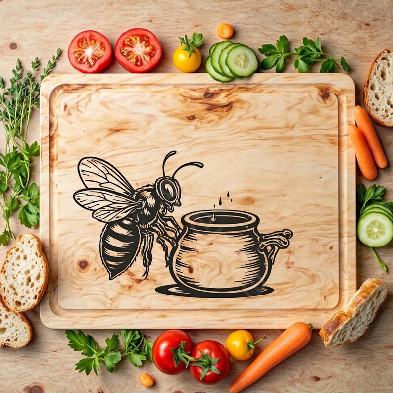 May include: A wooden cutting board with a black and white illustration of a bee dipping its head into a pot of honey. The board is surrounded by vegetables and fruit, including carrots, cucumbers, tomatoes, and lemons.
