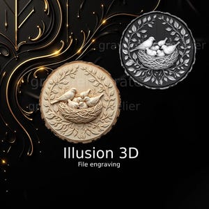 Fichier illusion 3D , gravure laser relief , oiseau dans le nid , gravure en niveau de gris , carte de profondeur