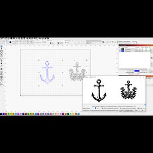 Puede incluir: Una pantalla de ordenador que muestra un programa de dise&ntilde;o con dos im&aacute;genes. Las im&aacute;genes son de un ancla y un dise&ntilde;o floral. El ancla es azul y el dise&ntilde;o floral es negro.