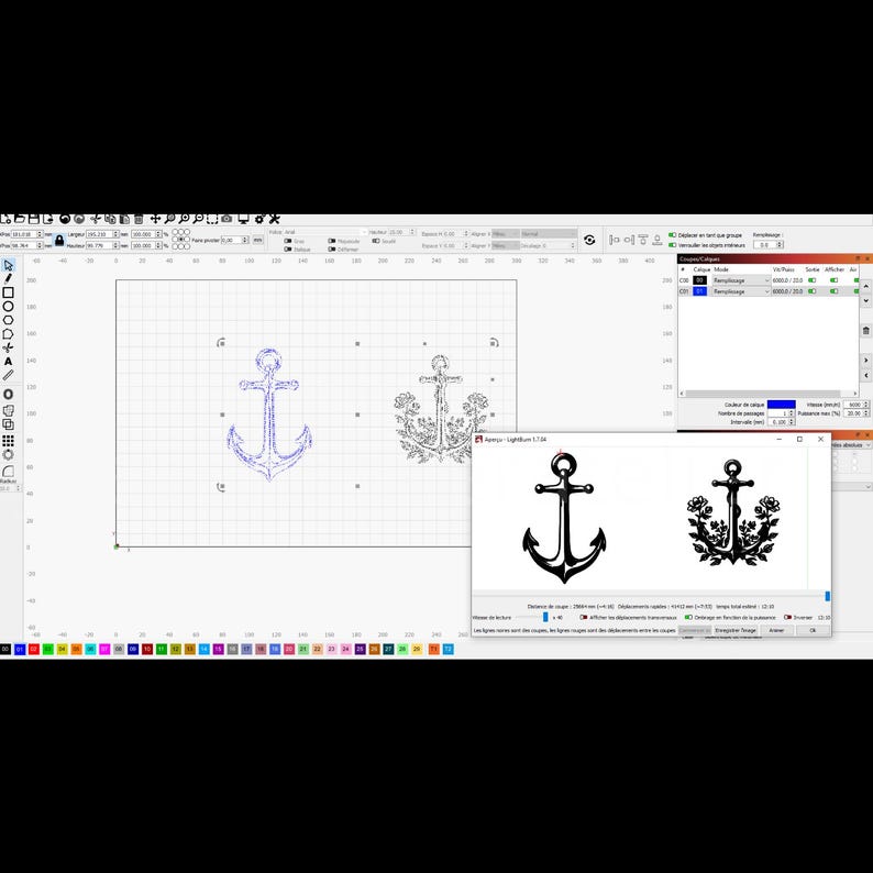 Puede incluir: Una pantalla de ordenador que muestra un programa de dise&ntilde;o con dos im&aacute;genes. Las im&aacute;genes son de un ancla y un dise&ntilde;o floral. El ancla es azul y el dise&ntilde;o floral es negro.