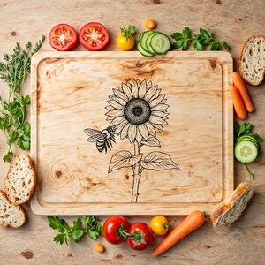 May include: A wooden cutting board with a sunflower and bee design engraved on the surface. The board is surrounded by various fruits and vegetables, including tomatoes, cucumbers, and carrots.