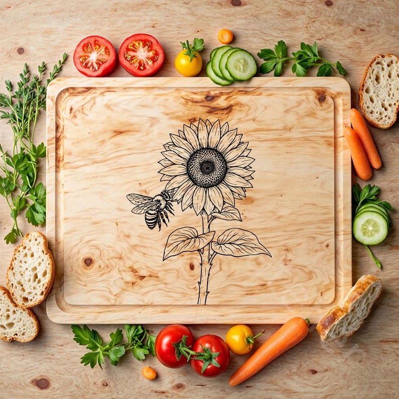 May include: A wooden cutting board with a sunflower and bee design engraved on the surface. The board is surrounded by various fruits and vegetables, including tomatoes, cucumbers, and carrots.