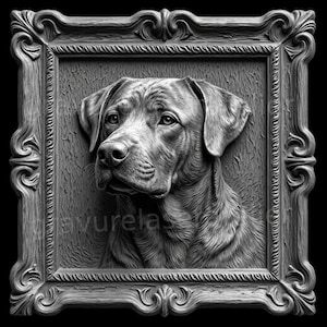 Fichier gravure laser 3D , chien dans un cadre en relief , gravure avec profondeur et carte de hauteur