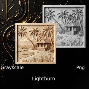 Fichier gravure laser relief , gravure illusion 3D , gravure avec effet de profondeur , cabane sur la plage ,tropique