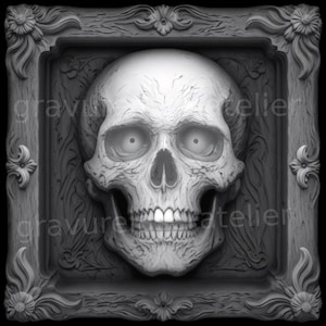Fichier tête de mort à graver , gravure avec relief et profondeur , carte de profondeur , création cadre en bois , cadeau pour lui