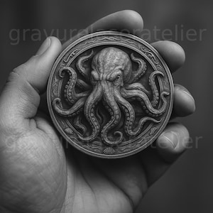 Fichier gravure laser Kraken – Médaillon niveau de gris – Design réaliste en relief pour xTool, Glowforge, CO2 – Téléchargement numérique
