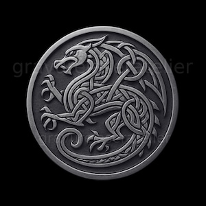 Fichier gaufrage 3D , dragon géométrique effet de profondeur , pièce de monnaie edc ,pièce en laiton , niveau de gris , carte de profondeur