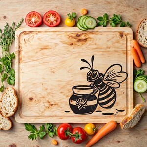 May include: A wooden cutting board with a bee and honey pot design. The board is surrounded by various fruits and vegetables, including tomatoes, carrots, and cucumbers.