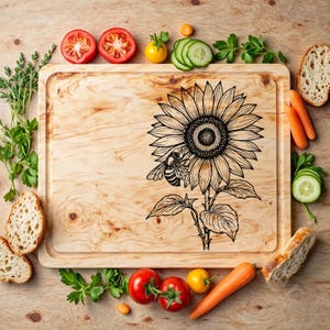 May include: A wooden cutting board with a sunflower and bee design. The board is surrounded by various vegetables and fruits, including tomatoes, carrots, cucumbers, and lemons.