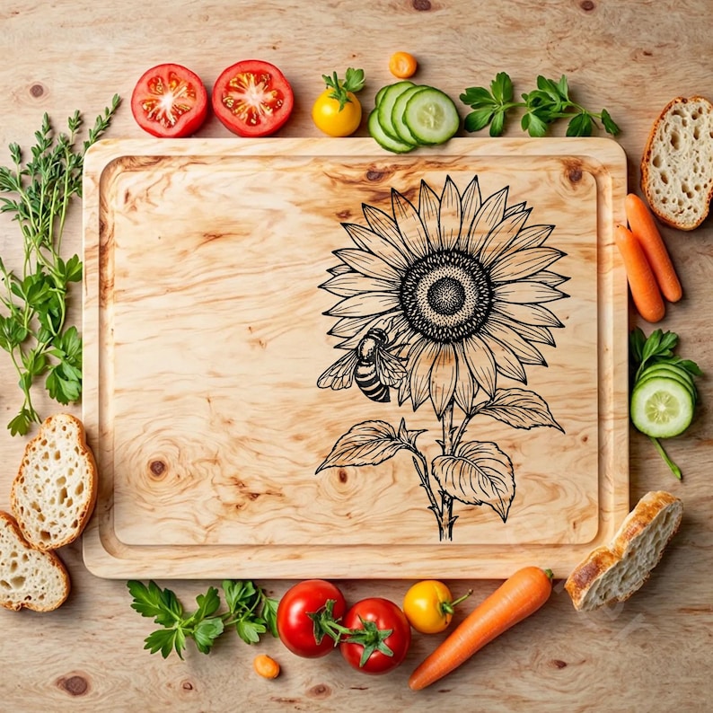 May include: A wooden cutting board with a sunflower and bee design. The board is surrounded by various vegetables and fruits, including tomatoes, carrots, cucumbers, and lemons.