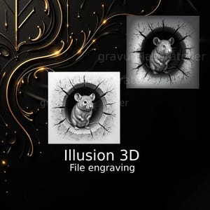 Fichier gravure laser , illusion 3D , souris dans un trou , effet de profondeur , gravure avec niveau de gris , jarvis , échelle de gris