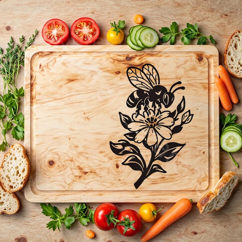 May include: A wooden cutting board with a bee and flower design. The board is made of light wood and has a natural finish. The bee is black and the flower is white.