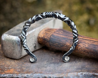 Viking Steel Arm Ring with Silver Runes | metal bracelet | mens bracelet | runic Viking bracelet | rune arm band | men jewelry | Uruz Metals