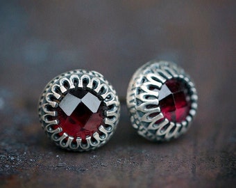 Pyrope Garnet + Antiqued Solid Sterling Silver Stud Earrings | handmade January birthstone jewelry | wine red | OOAK by Uruz Metals