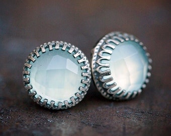Aqua Chalcedony + Antiqued Solid Sterling Silver Stud Earrings | handmade jewelry | aqua blue seafoam | OOAK by Uruz Metals