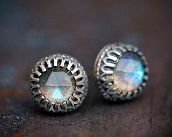 Labradorite + Antiqued Solid Sterling Silver Stud Earrings | Northern Lights | blue flash | winter wedding earrings | OOAK by Uruz Metals