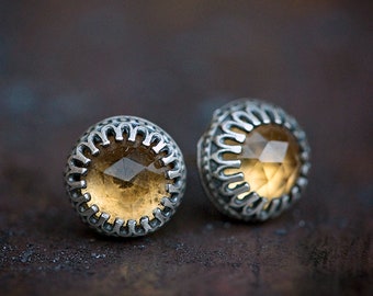 Citrine + Antiqued Solid Sterling Silver Stud Earrings | handmade November birthstone jewelry | honey golden yellow | OOAK by Uruz Metals