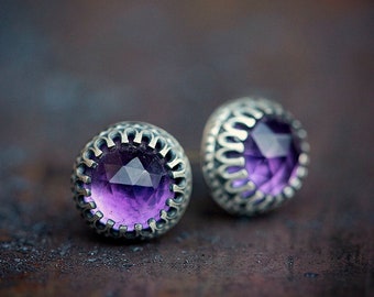 Amethyst + Antiqued Solid Sterling Silver Stud Earrings | handmade February birthstone jewelry | purple lavender violet | OOAK Uruz Metals