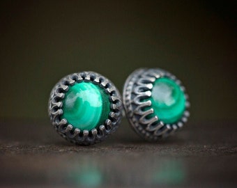 Malachite + Antiqued Solid Sterling Silver Stud Earrings | gothic Victorian handmade jewelry | jade emerald green striped | OOAK Uruz Metals