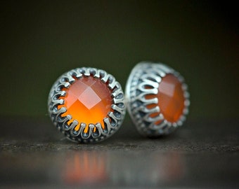 Carnelian + Antiqued Solid Sterling Silver Stud Earrings | goth Victorian handmade gemstone jewelry | orange chalcedony studs | Uruz Metals