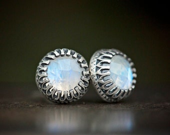 Moonstone + Antiqued Solid Sterling Silver Stud Earrings | gothic handmade jewelry | blue June birthstone Gemini Cancer zodiac | Uruz Metals