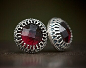 Mozambique Garnet + Antiqued Solid Sterling Silver Stud Earrings | Victorian goth Vampire blood red | January birthstone stud | Uruz Metals